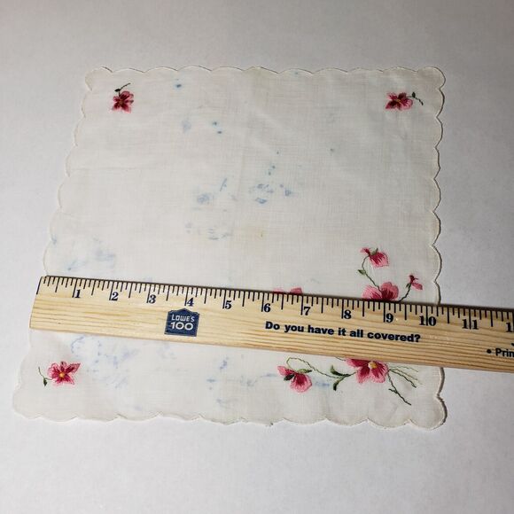 VINTAGE 1960'S HANKIE PINK EMBROIDERED FLOWERS POCKET SCARF BRIDAL WEDDING - Picture 4 of 12